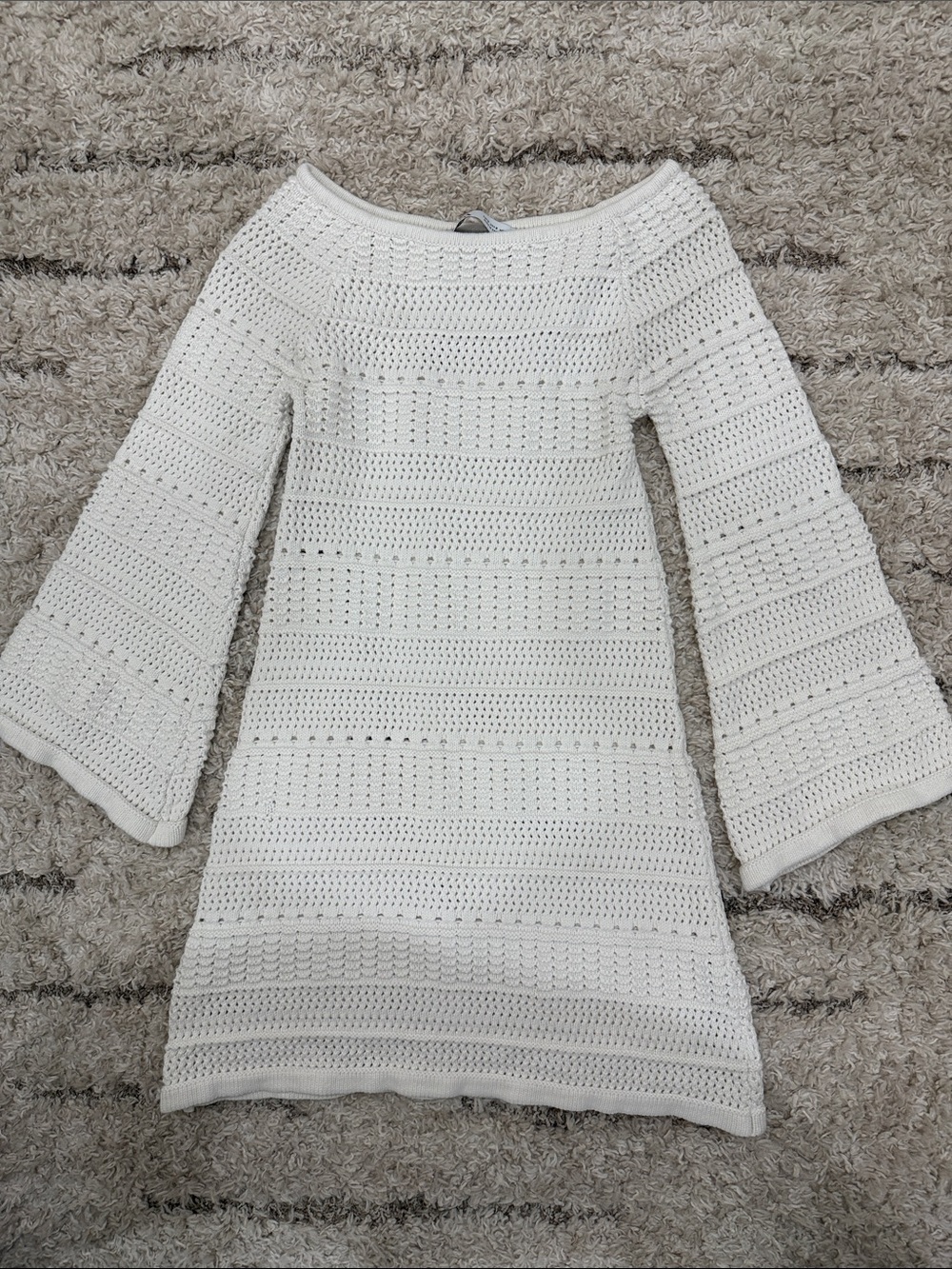 Zara Cream Crochet Bell-Sleeve Knit Dress